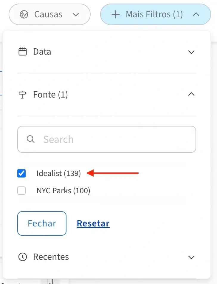 Captura de tela apontando para o filtro do Idealist