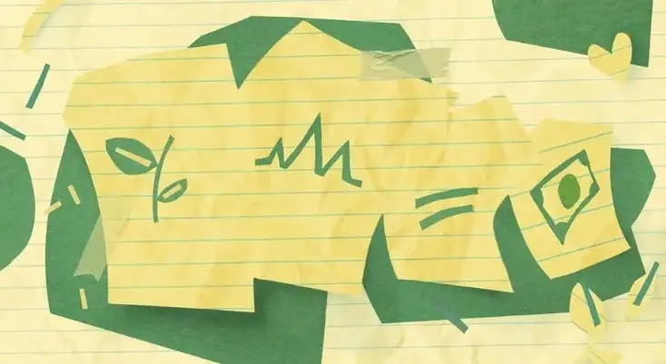 Ilustración de cuatro hojas de papel, una con una planta, otra con una gráfica, otra con un signo de igual, y otra más con un dólar.