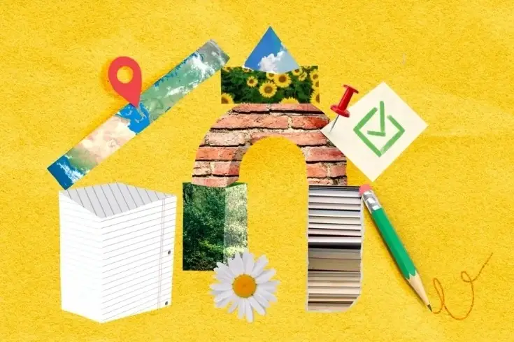 Collage de un muro, mapa del mundo con símbolo de ubicación, una margarita, un lápiz y más ilustraciones e imágenes.