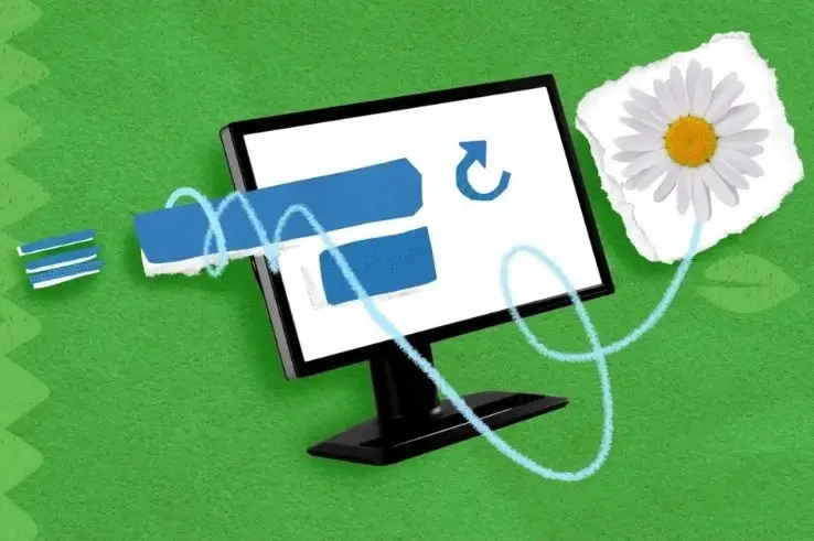 Una ilustración de una computadora con una flecha dirigiendo a una margarita