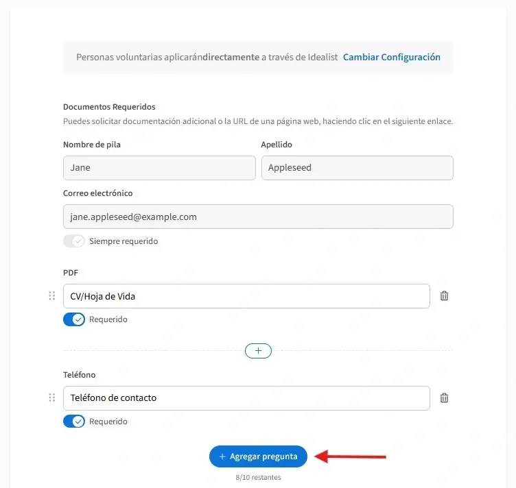 Screenshot del sitio de Idealist mostrando cómo añadir requisitos a una oferta de voluntariado