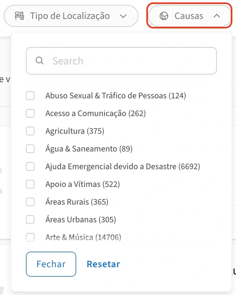 Captura de tela do site do Idealist mostrando como selecionar Áreas de Causa