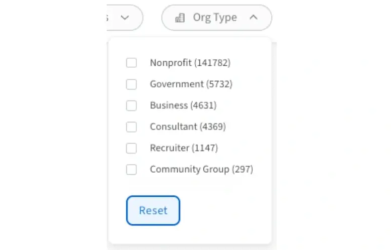 A screenshot of the Idealist website showing organization type search filters.