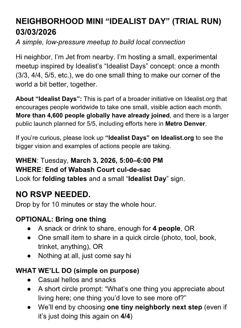 Jet P.'s flier inviting his neighbors to join him on Idealist Day 3/3.