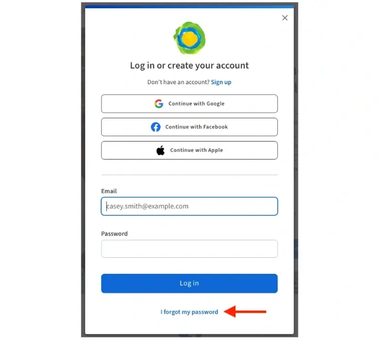 Screenshot of the Idealist website showing how to click "I forgot my password"