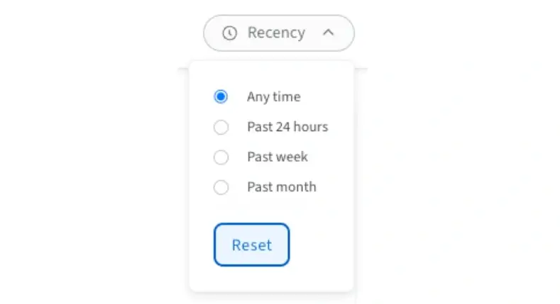 A screenshot of the Idealist website showing how to use the Recency filter to filter listings based on the date they were posted