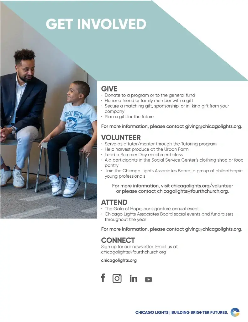 A page from Chicago Lights’ annual report, which lists specific ways for readers, including prospective volunteers, to get involved.