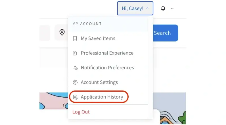 Screenshot of the Idealist website showing how to access Application History