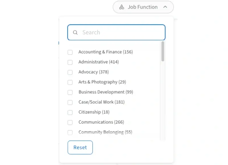 Screenshot of the Idealist website that shows how to filter a search by job function.