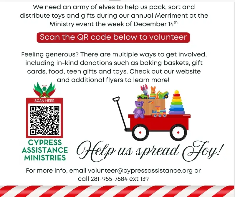 We need an army of elves to help us pack, sort and distribute toys and gifts during our annual Merriment at the Ministry event the week of December 14th.