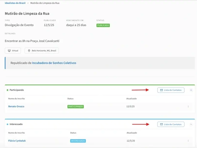 Captura de tela do site Idealist mostrando como entrar em contato com os confirmados em eventos