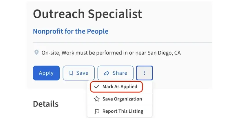 Screenshot of the Idealist website showing how to mark a listing as applied.