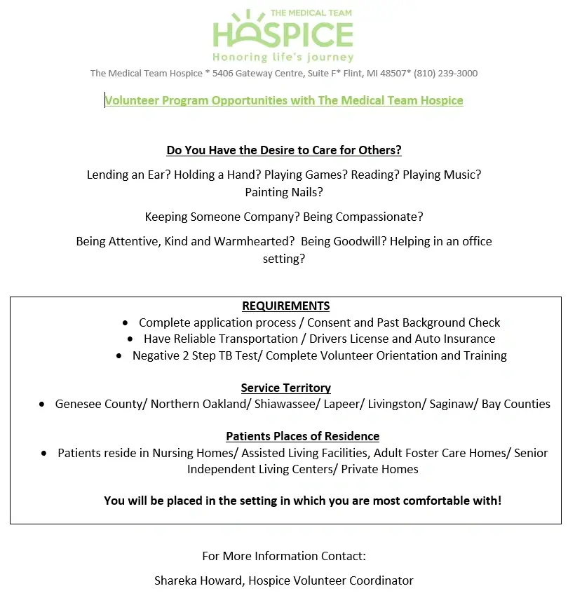 Hospice Companionship Volunteers Needed-Swartz Creek