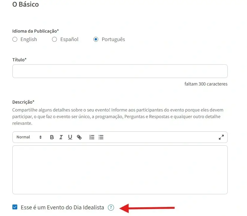Captura de tela do site Idealist mostrando como categorizar um evento como um "Dia Idealist".