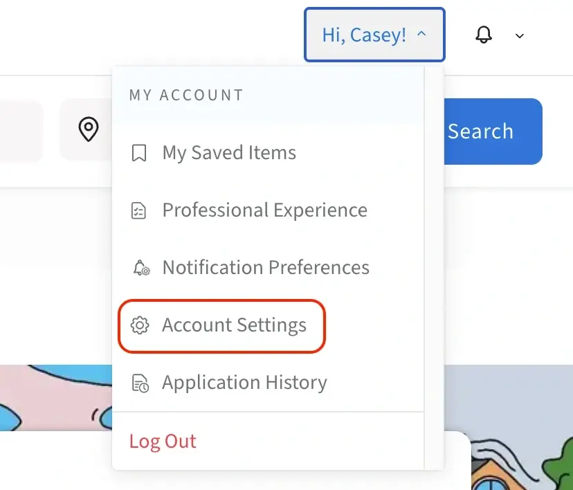 A screenshot of the Idealist website showing how to access account settings