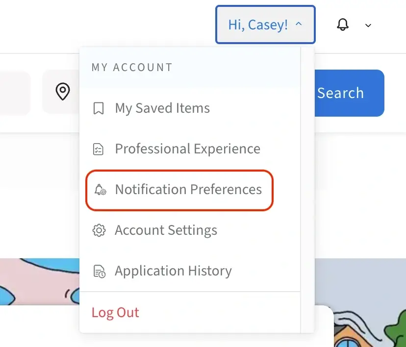 Screenshot of the Idealist website showing how do access Notification Preferences in your Personal Dashboard.