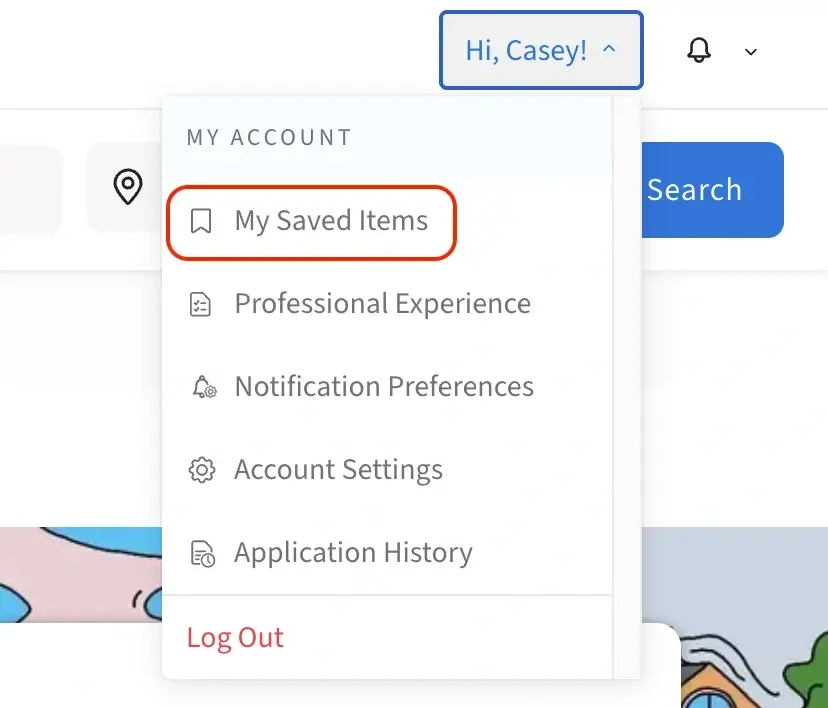 A screenshot of the Idealist website how to access your Saved Items from your account dropdown.
