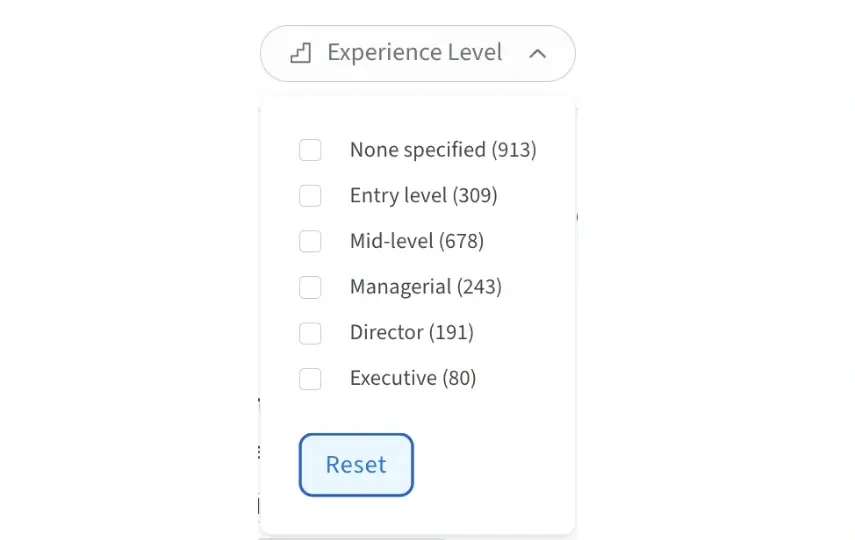 Screenshot of the Idealist website that shows how to filter a search by Experience Level.