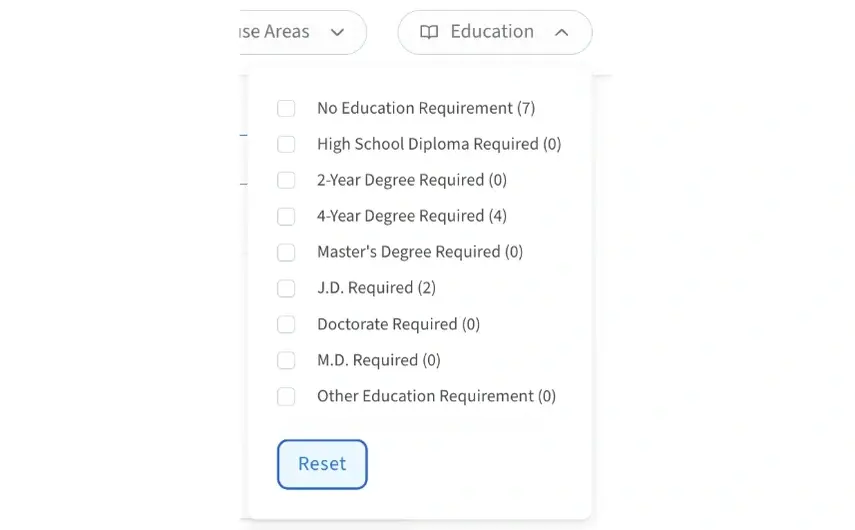 Screenshot of the Idealist website that shows how to filter a search by Education