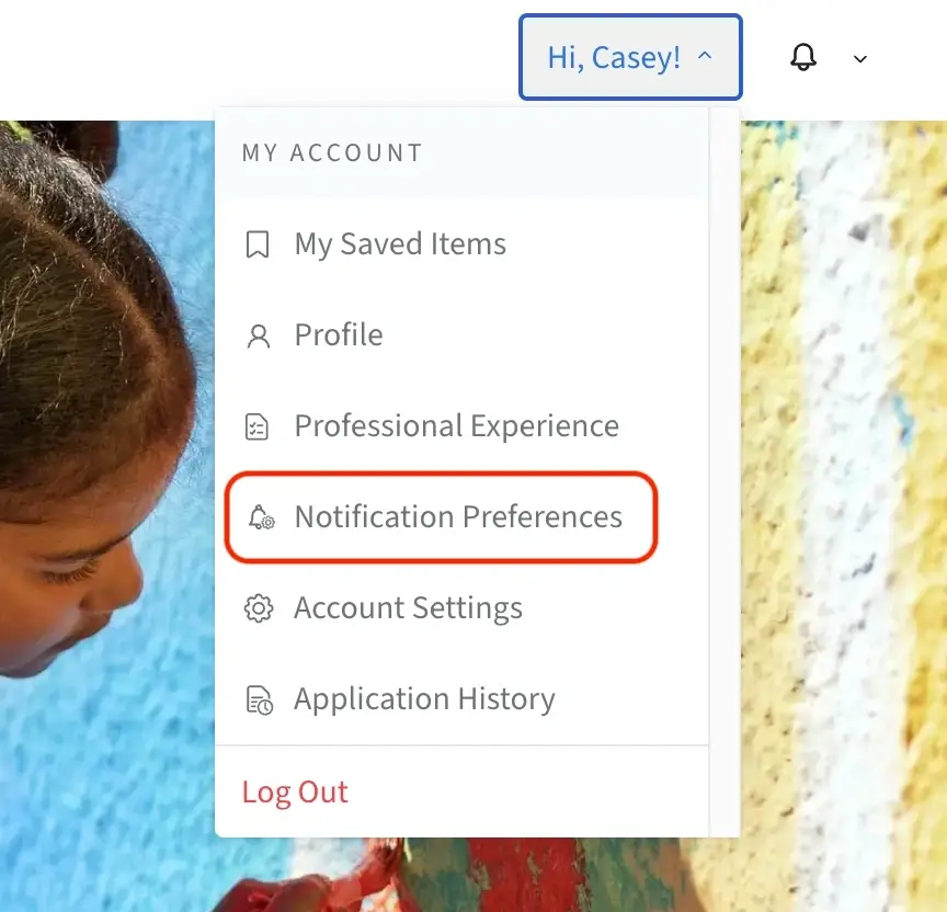 Screenshot of the Idealist website showing how to access Notification Preferences