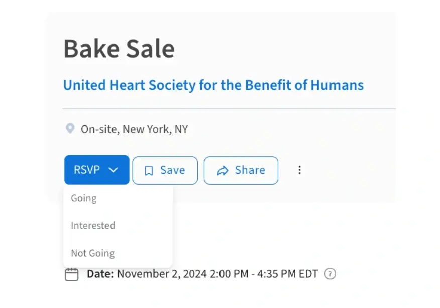 Screenshot of the Idealist website showing how to click RSVP through an event listing