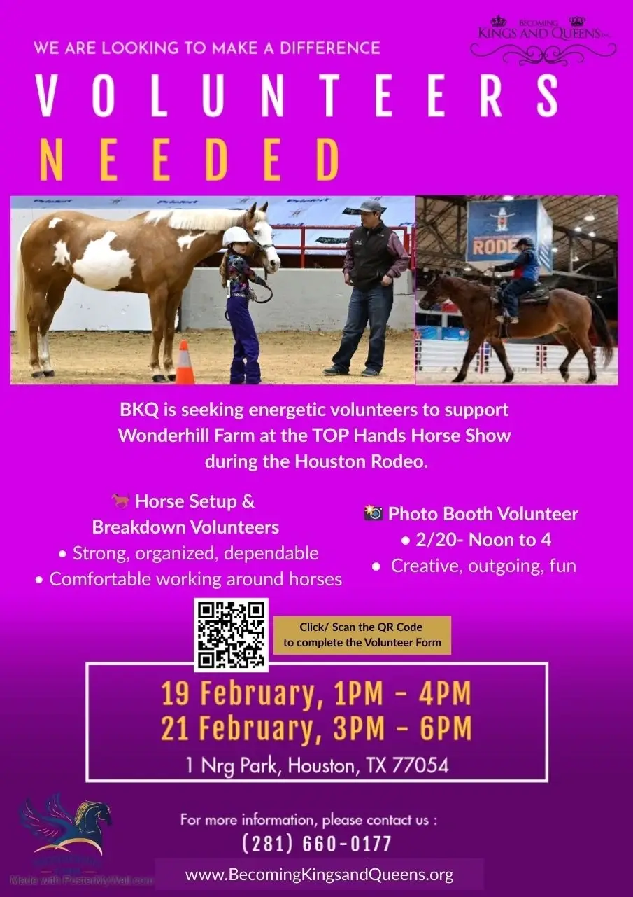 Volunteer with Becoming Kings and Queens, Inc. to Support Wonderhill Farm at the TOP Hands Horse Show during the Houston Rodeo.