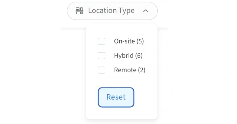 Screenshot of the Idealist website that shows how to set an On-Site, Remote or Hybrid Location Type preference