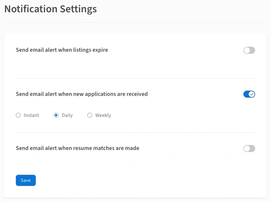 Screenshot of the Idealist website showing how to change alert frequency for new applications.