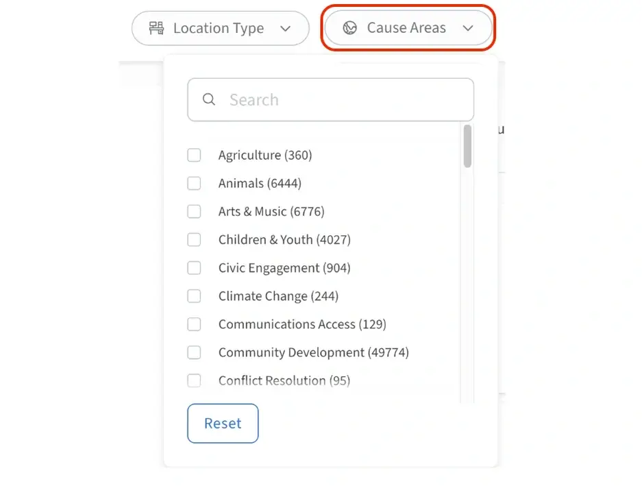 Screenshot of the Idealist website showing how to select Cause Areas