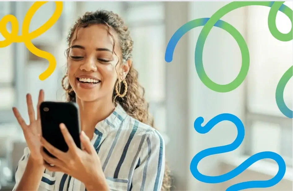 Young busy professional searches for volunteer opportunities on phone, abstract doodles behind her
