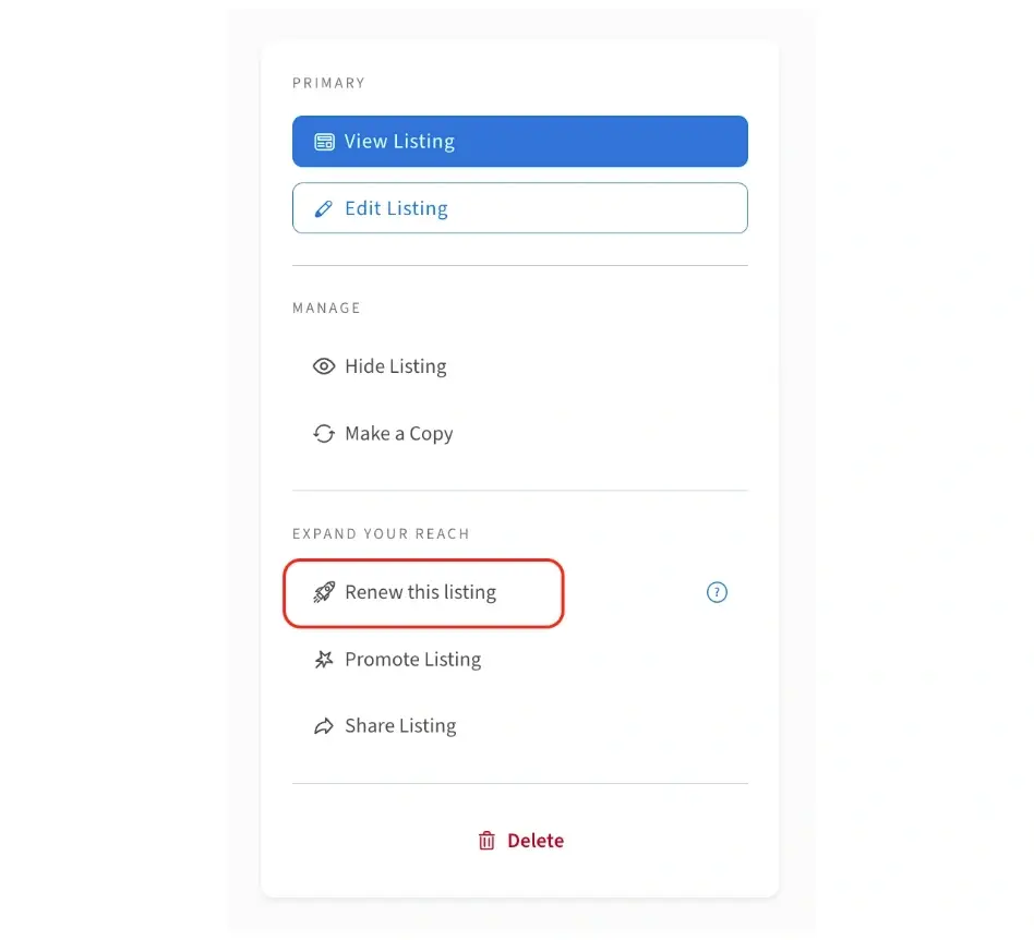 Screenshot of the Idealist website showing where to click "Renew this listing"