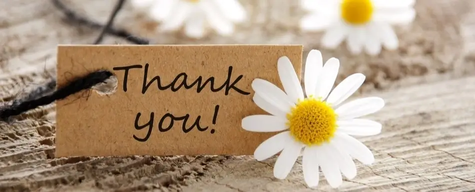 A close up of a thank you note with a daisy next to it