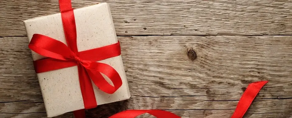 A gift wrapped in a red ribbon.