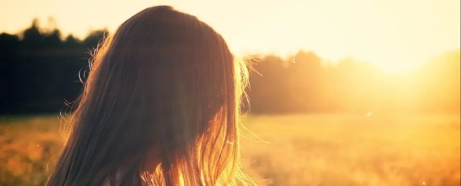 The back of a person's head. They are looking at a sunset.