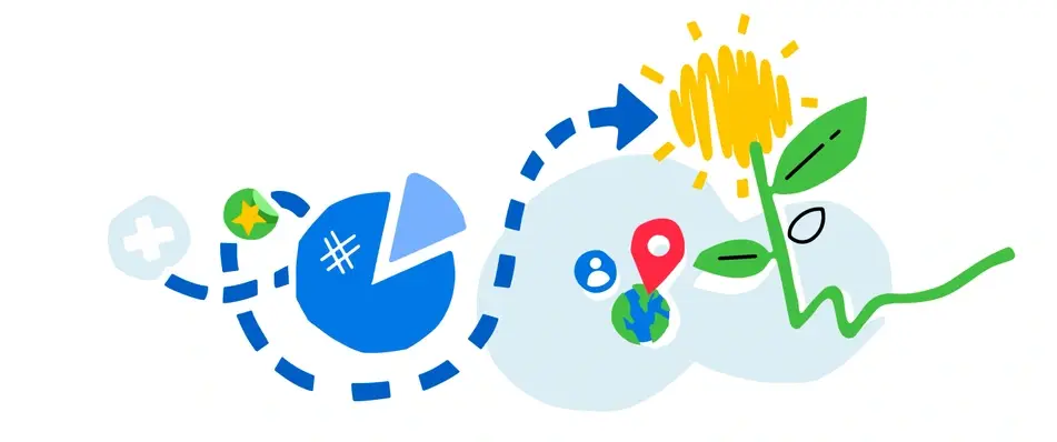 Abstract illustration of sector switchers, featuring a blue pie chart, a yellow flower, and the Earth.