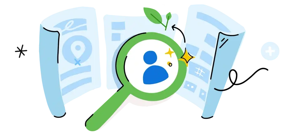 An abstract illustration of screening candidates, featuring doodles of a green magnifying glass and blue resumes.