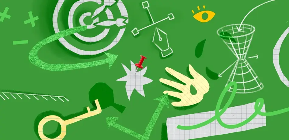 Green illustration with no copy, featuring green and white doodles of keys, paper, and arrows.