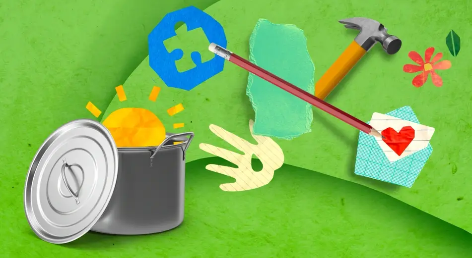 Paper collage of a cooking pot with a sun as well as a heart, hand, flower and puzzle piece.