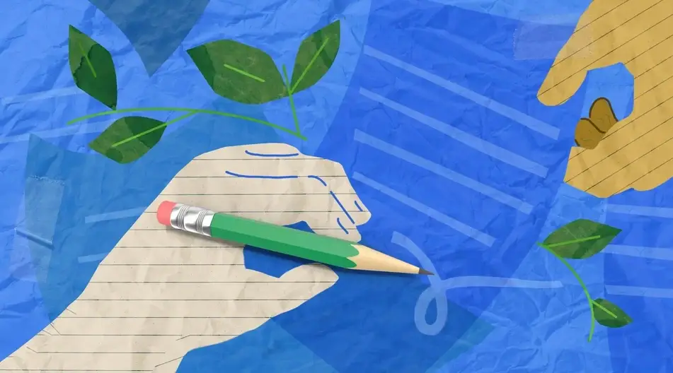 An illustrated hand holds out a piece of paper while another hand writes on it.
