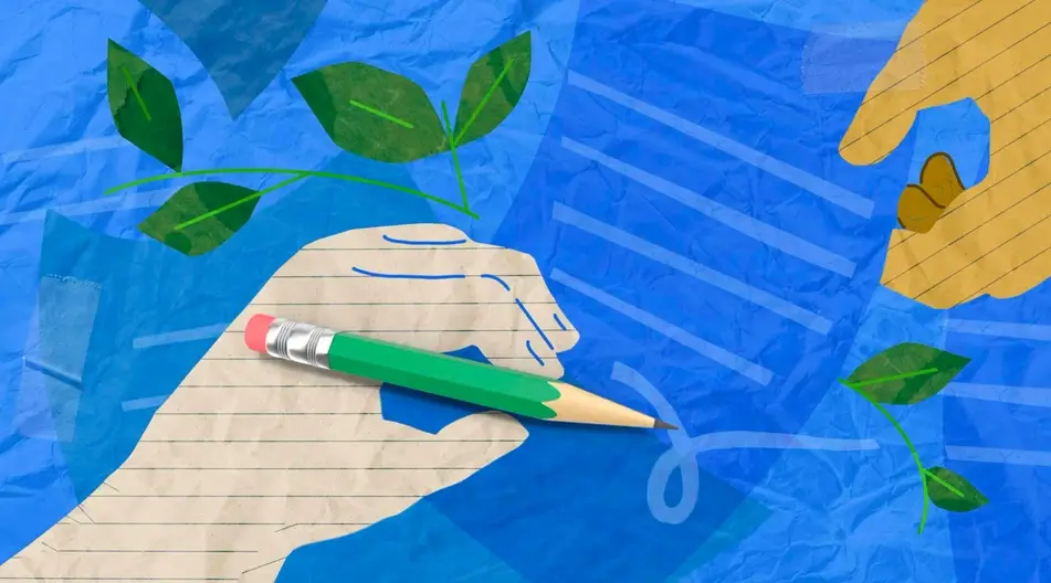 An illustrated hand holds out a piece of paper while another hand writes on it.