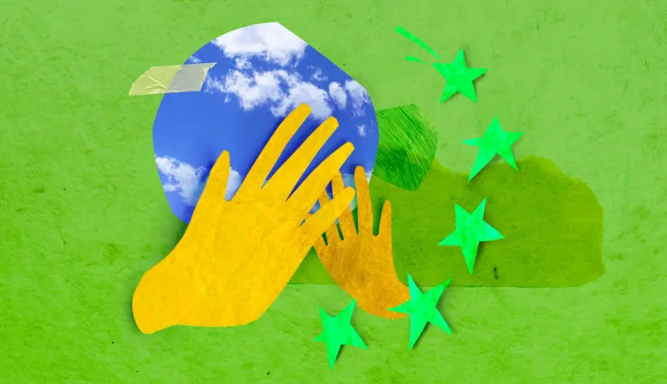 An abstract illustration of supervising an intern, with yellow hands and a blue circle on a green background.
