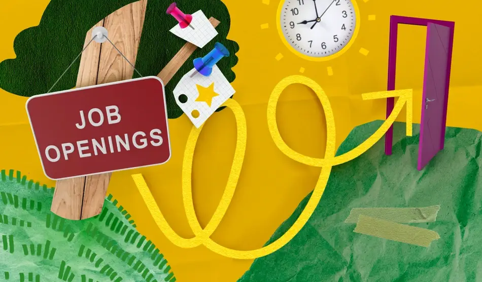 A colorful illustration to represent following up with a hiring manager, featuring a tree, a yellow clock, doodles of arrows, and a red sign labelled "Job Openings."