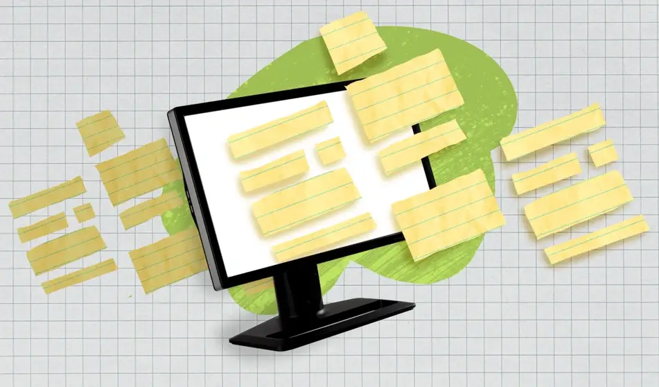 Ilustración de un computador con varias notas