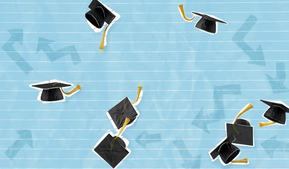 Should I go to grad school illustration, with eight black graduation caps on light blue ruled paper, darker blue arrows in background.