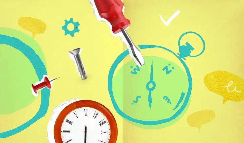 Ilustración de un destornillador, una brújula y un reloj