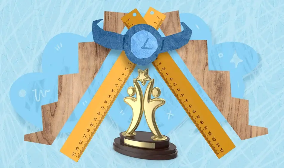 An abstract illustration of redefining career goals, with doodles of rules and trophies and a blue medal.