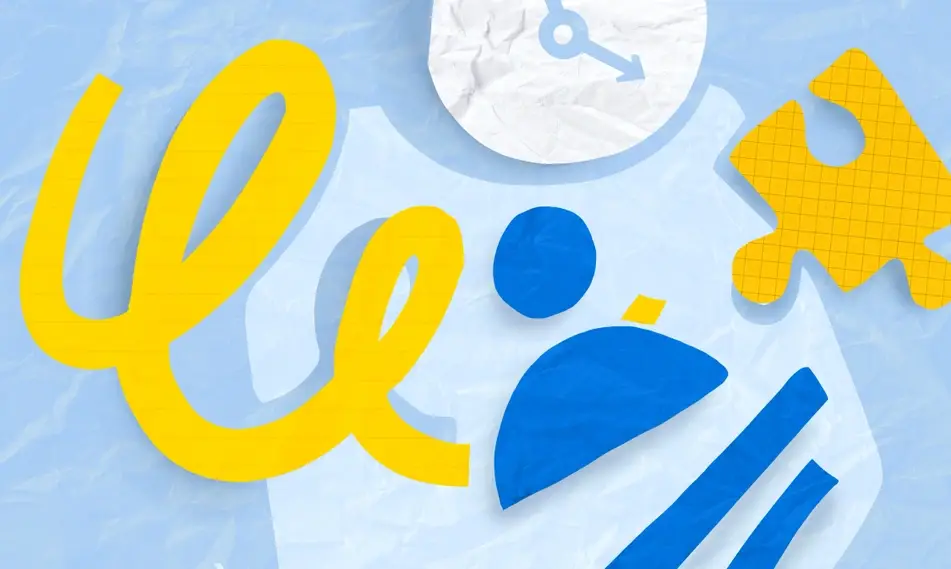 Paper collage showing a clock, a puzzle piece, a person and a design.