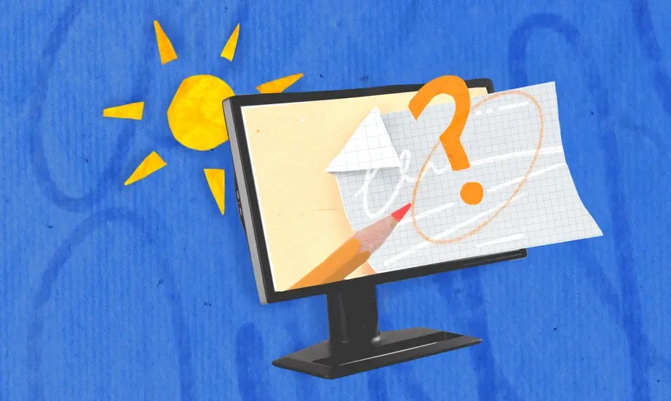 Illustration of a computer with a pencil, job application and question mark