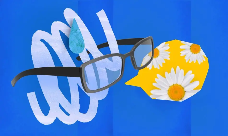 An abstract illustration of interview anxiety, featuring a pair of glasses, a bead of sweat, and yellow talk bubble on a dark blue background.