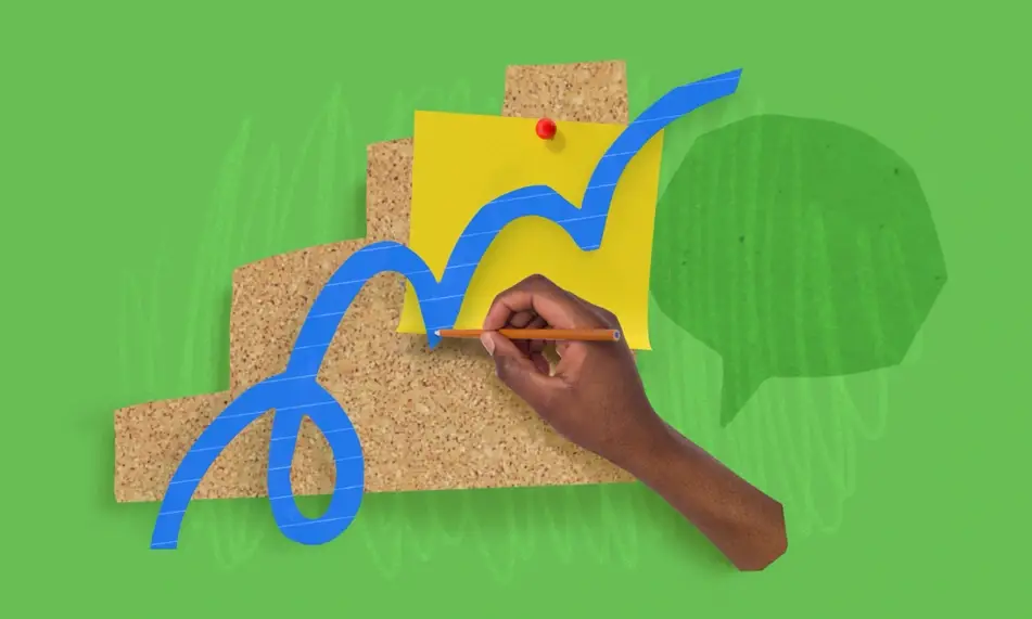An illustration of a hand doodling on a yellow sticky note, with a communication bubble next to it, on a bright green background.